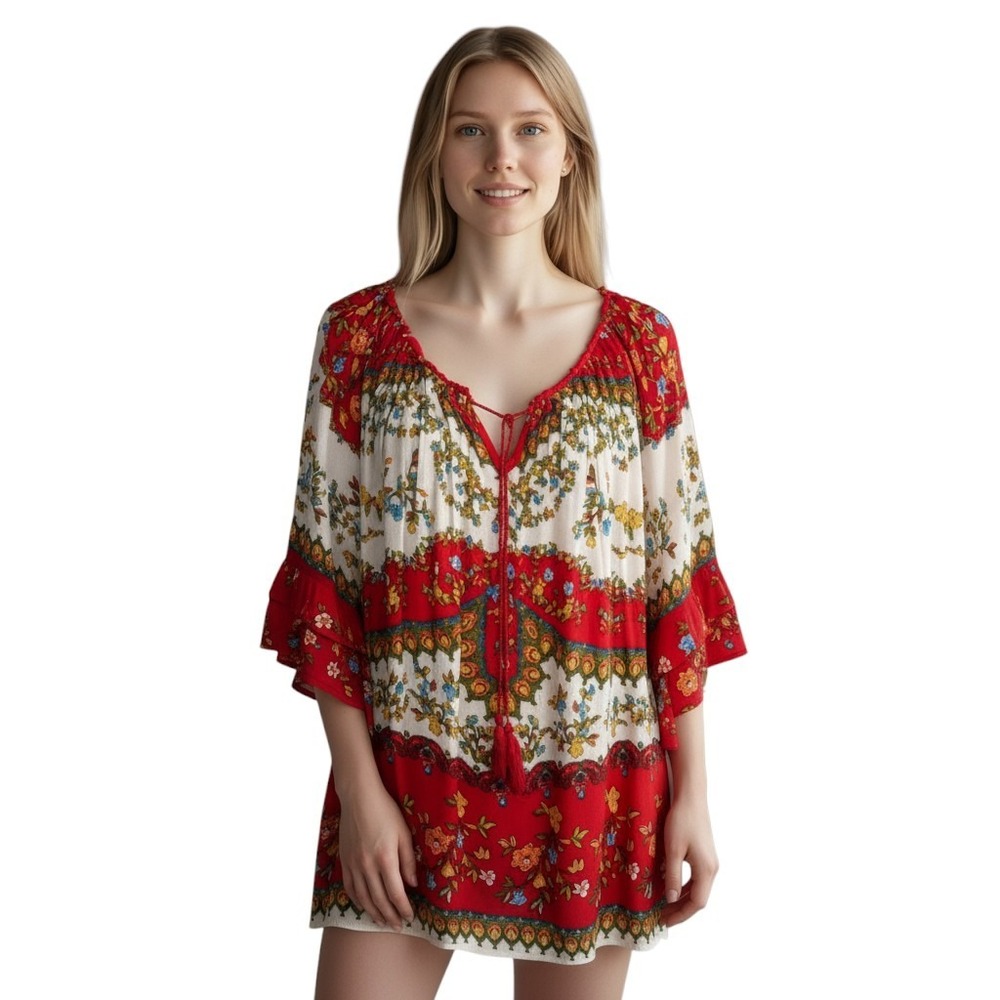 Bila XL Floral Print Tunic Top Red White 3/4 Sleeve Bohemian Boho‎ Casual